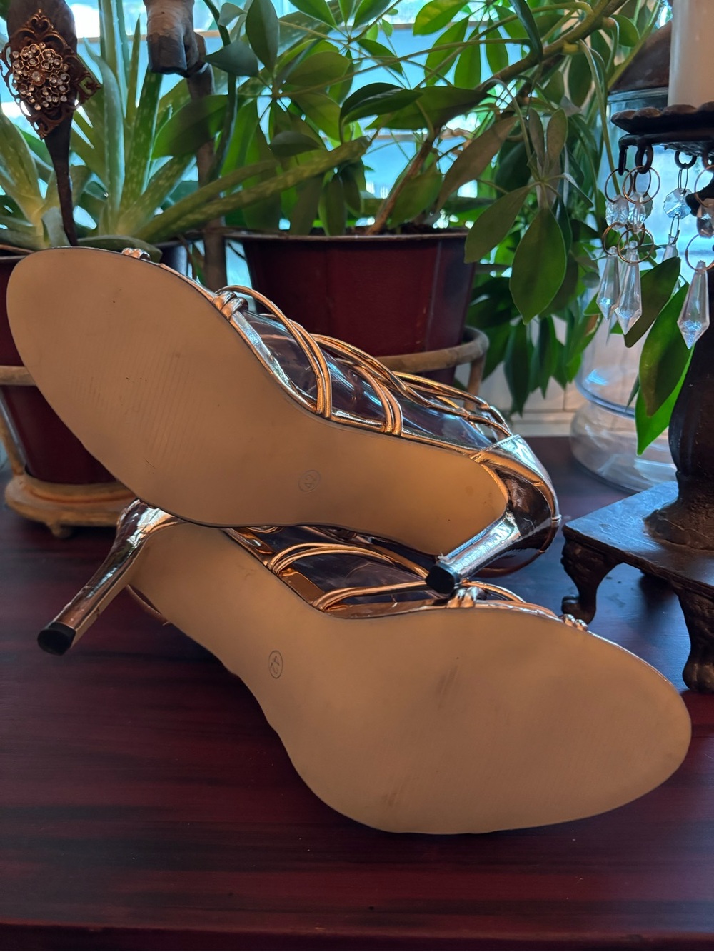 Gold Strappy High Heel Sandals - Women's Elegant Evening Shoes - Picture 7 of 9